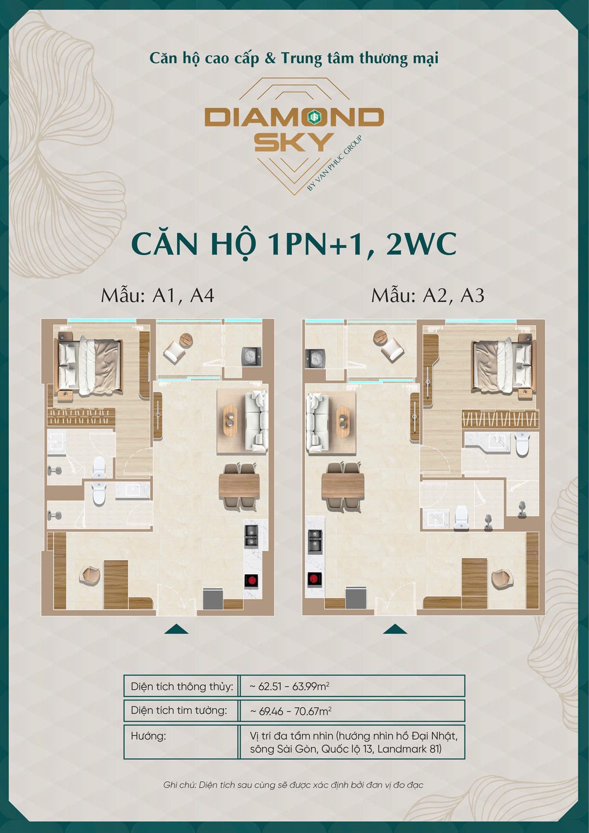 Mặt bằng căn hộ 1PN+1 Diamond Sky Vạn Phúc City