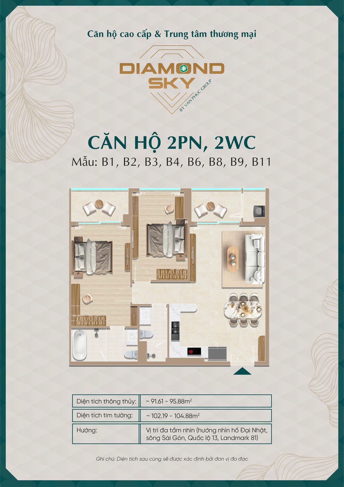 Mặt bằng căn hộ 2PN mẫu B1-B11 Diamond Sky
