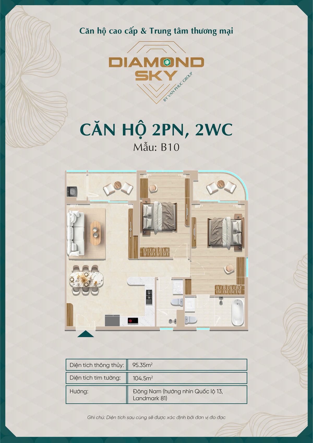 Mặt bằng căn hộ 2PN mẫu B10 Diamond Sky