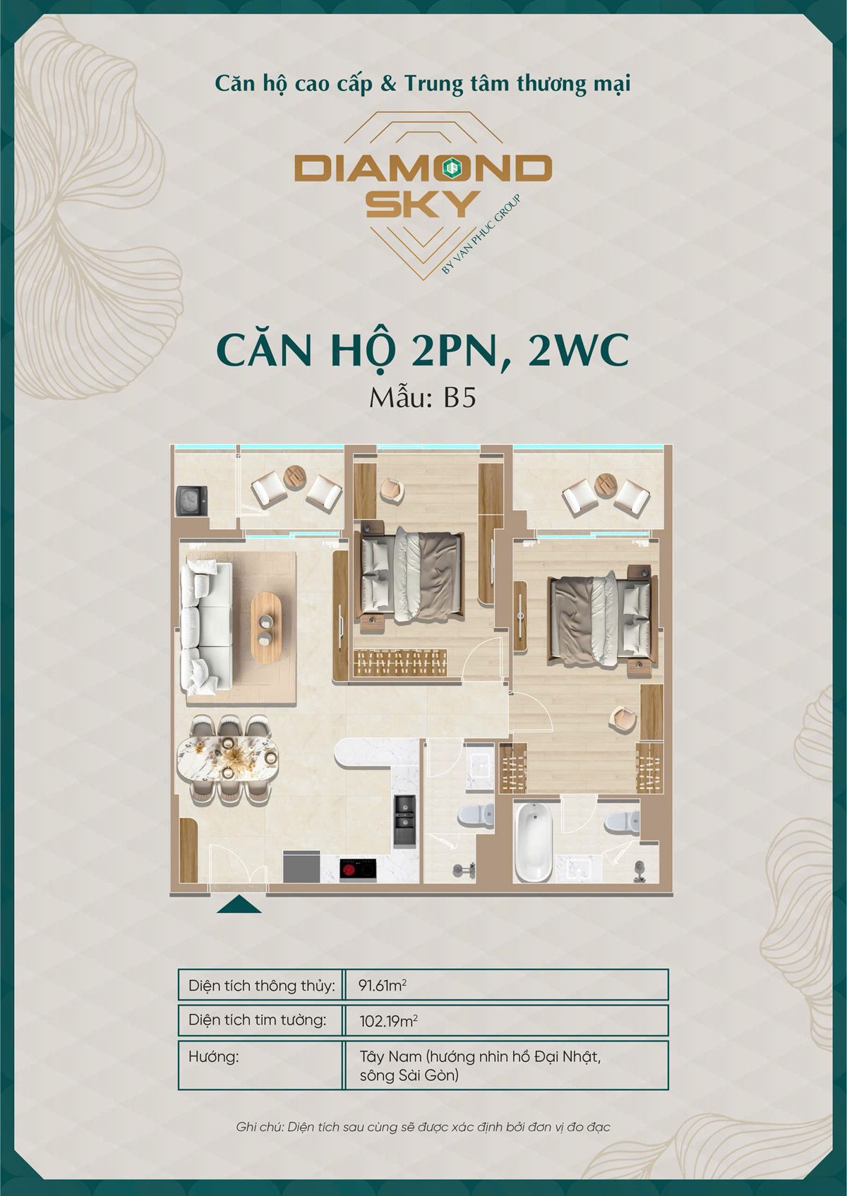Mặt bằng căn hộ 2PN mẫu B5 Diamond Sky