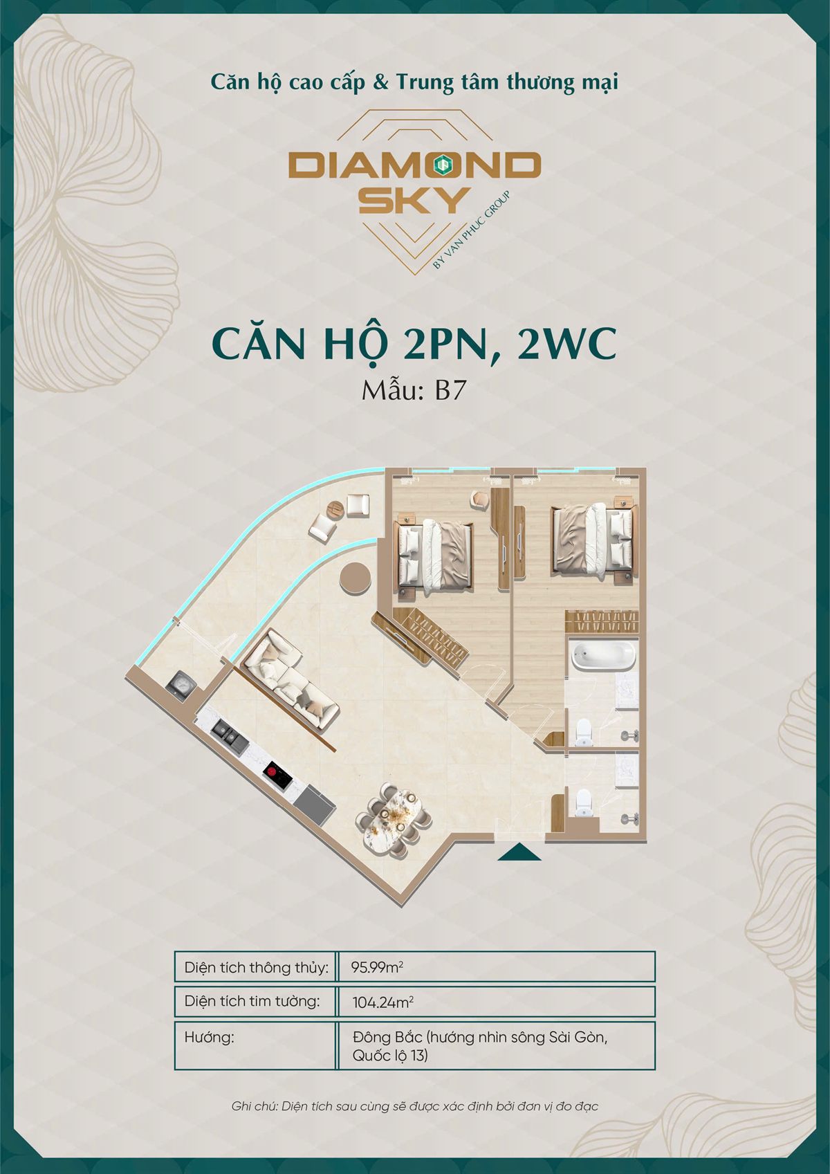 Mặt bằng căn hộ 2PN mẫu B7 Diamond Sky