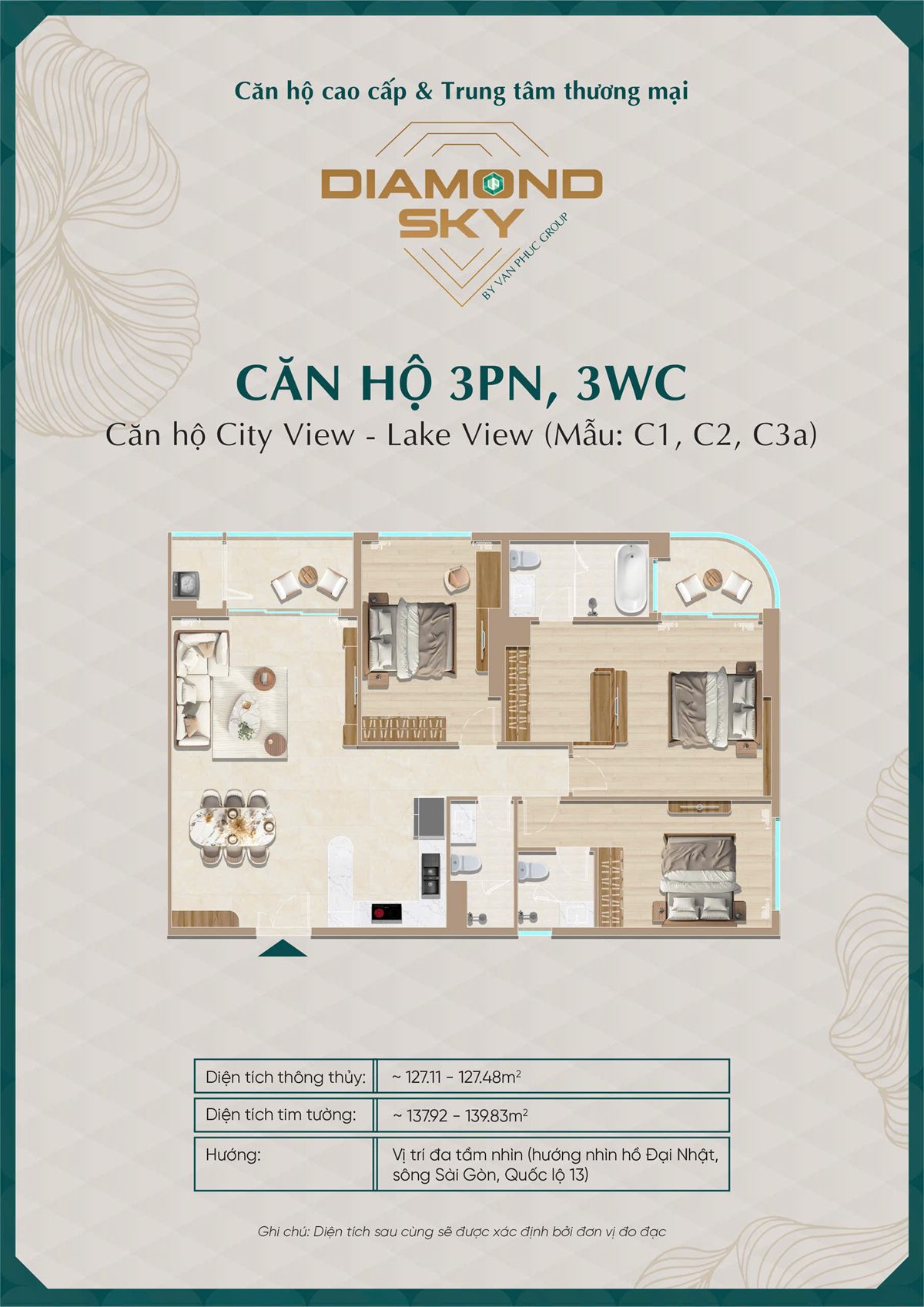 Mặt bằng căn hộ 3PN mẫu C1 C2 C3a Diamond Sky