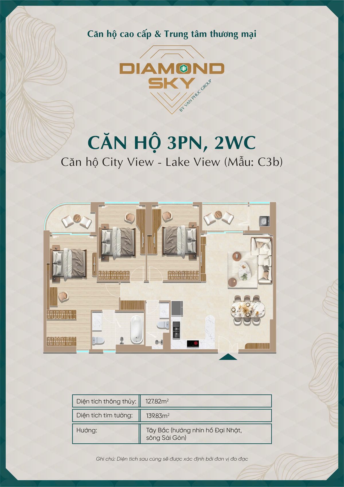 Mặt bằng căn hộ 3PN mẫu C3b Diamond Sky