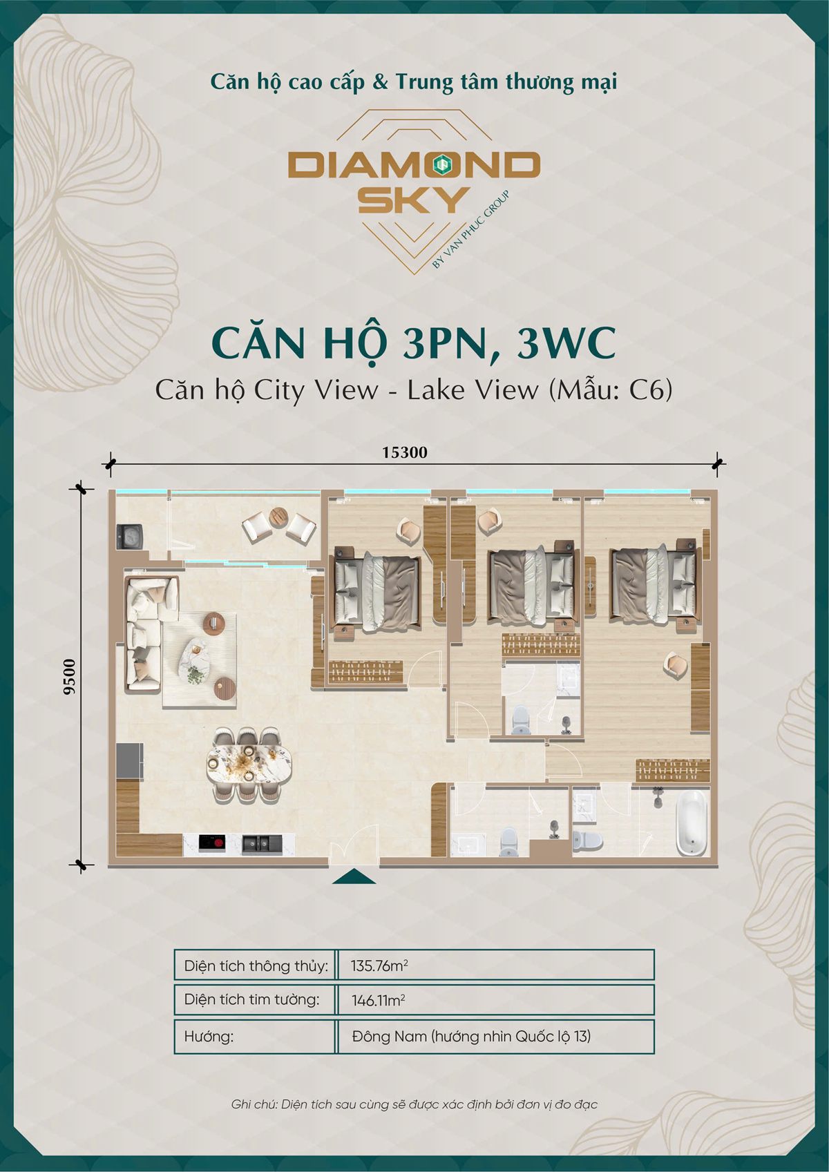 Mặt bằng căn hộ 3PN mẫu C6 Diamond Sky