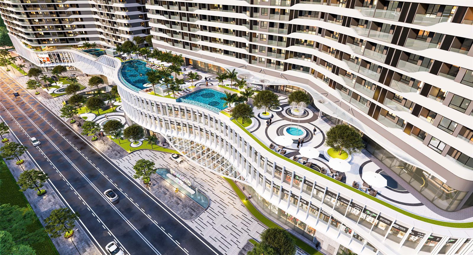 Hồ bơi và sân vườn trên khối đế Diamond Sky